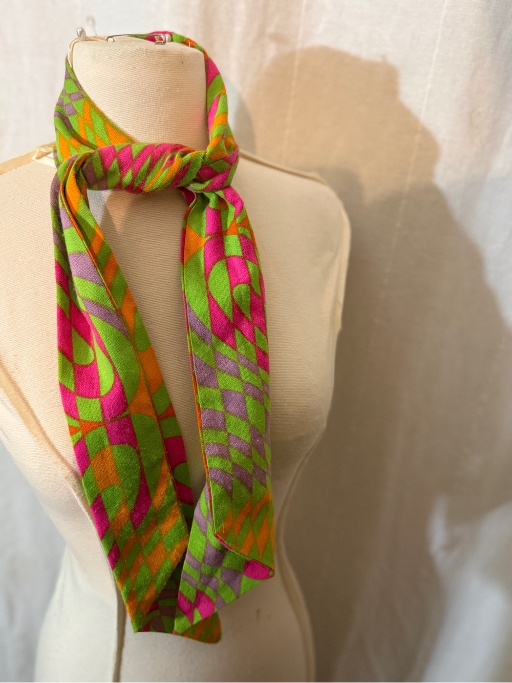 Rare vintage 1970s long mod multicolor neon Geometric Skinny neck head Scarf